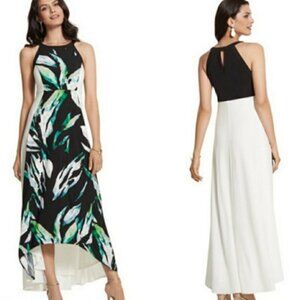 Chico's Floral Tropical Maxi Dress Palm Passion Green White Black Sleeves 1P